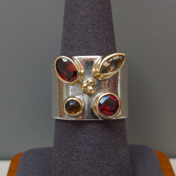 Michou Sterling & 22k Vermeil Wide-Band Ring w / Garnet, Citrine & Amber - Picture 3 of 13
